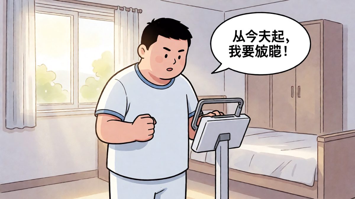 主角清晨立下减肥决心，斗志昂扬。
