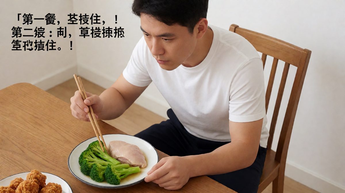 面对健康餐，主角努力克制自己。