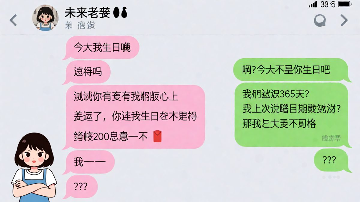 生日测试变脸比翻书快，从深情到转账只要一句话。