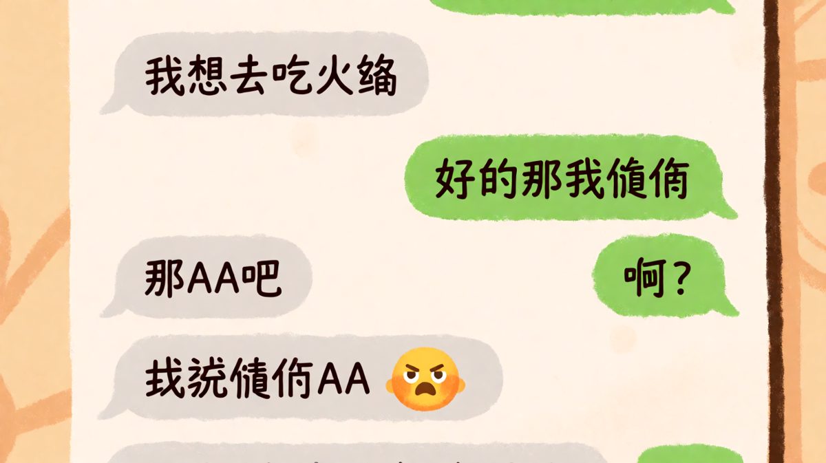女生说要请客结果要AA，男生当场语塞搞笑对话。