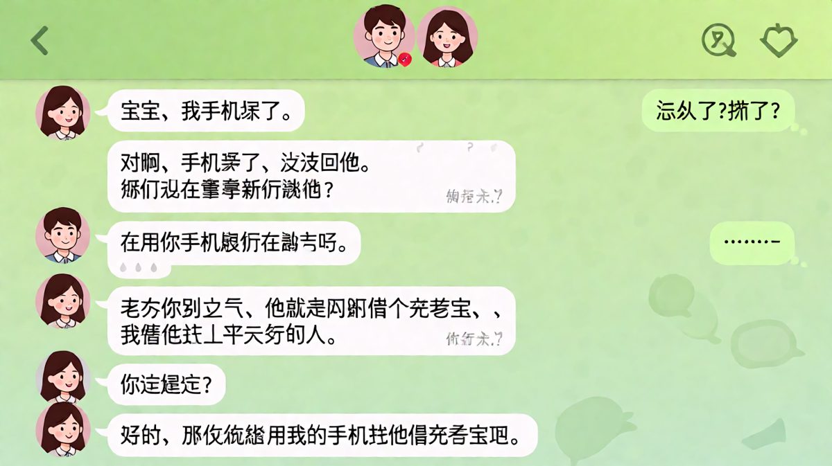 手机坏了？她拿着他的手机在跟别人聊天。
