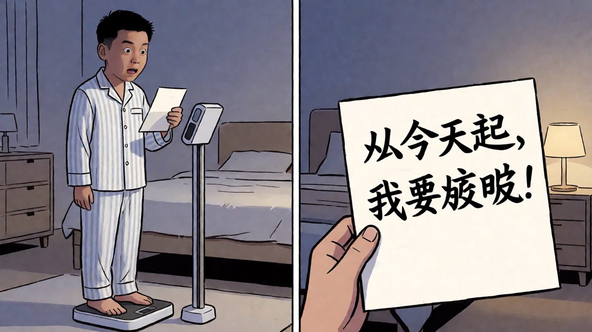 第一格：看着体重秤上的数字，主人公下定决心减肥。