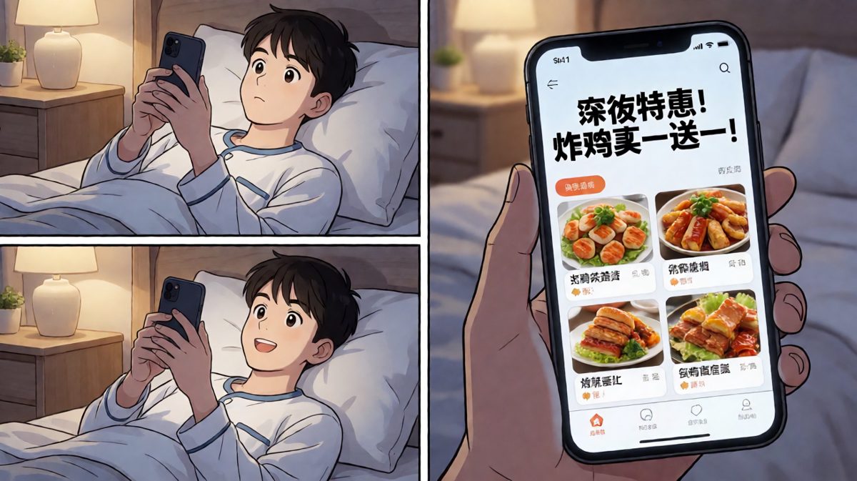 第二格：深夜刷手机时，外卖软件的促销广告突然杀到。