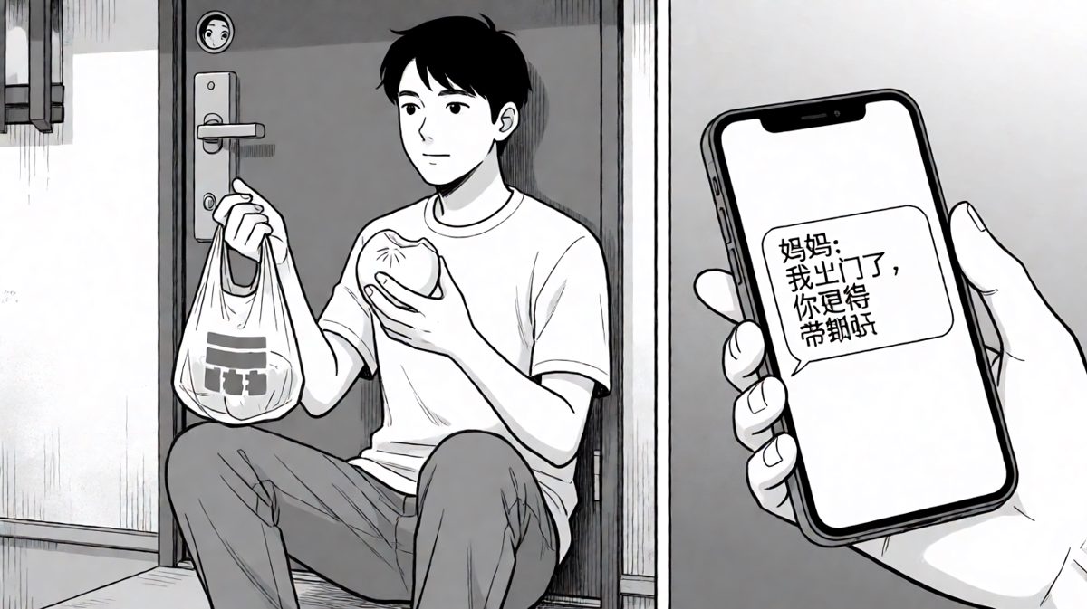 妈妈：你不是有钥匙吗，我在楼下呢