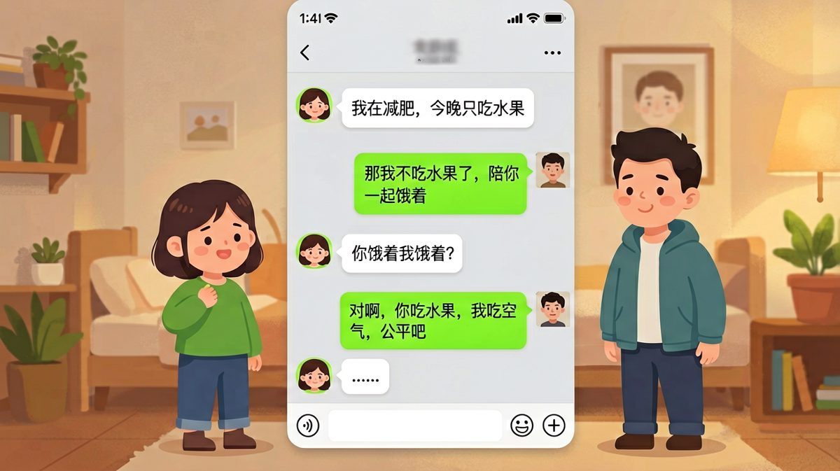 女生说减肥只吃水果，男生说要吃空气陪她一起饿