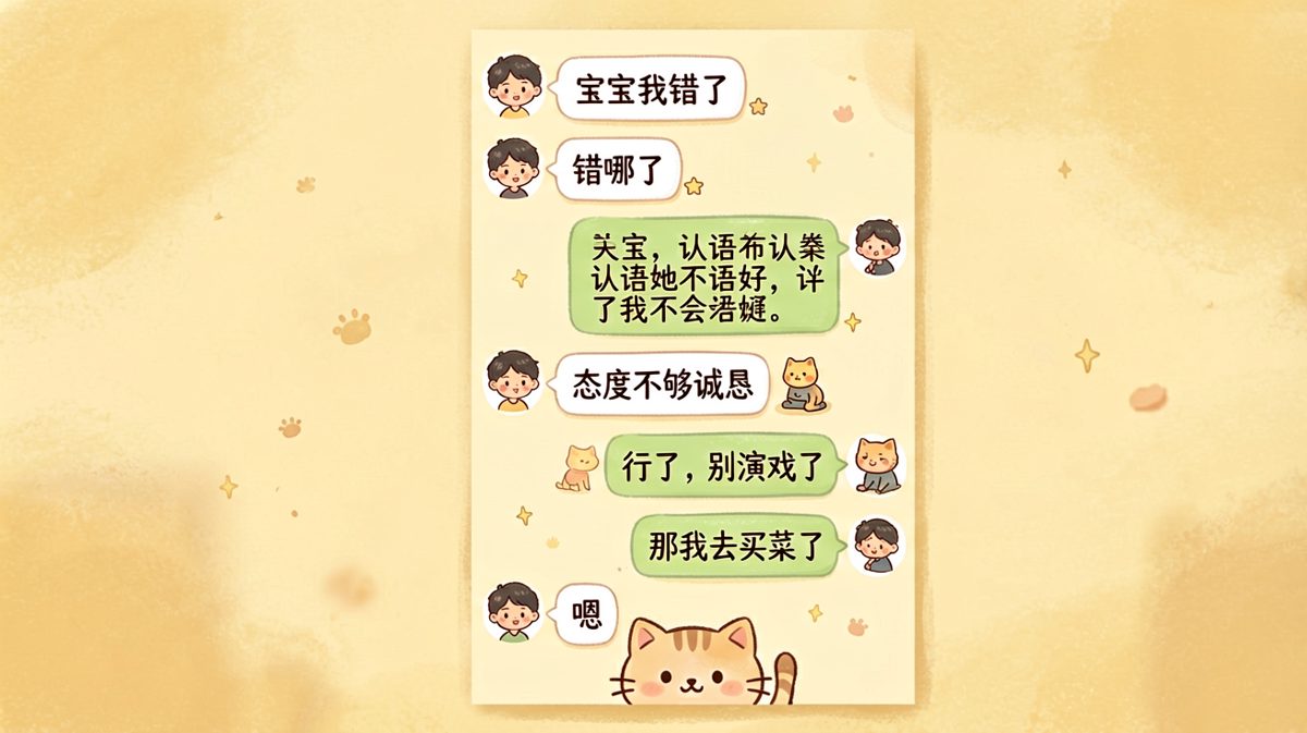 男生认错演技浮夸，最后以买菜成功脱身收尾