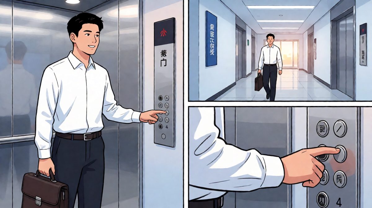 小明匆忙冲进电梯，以为成功打卡躲过了老板