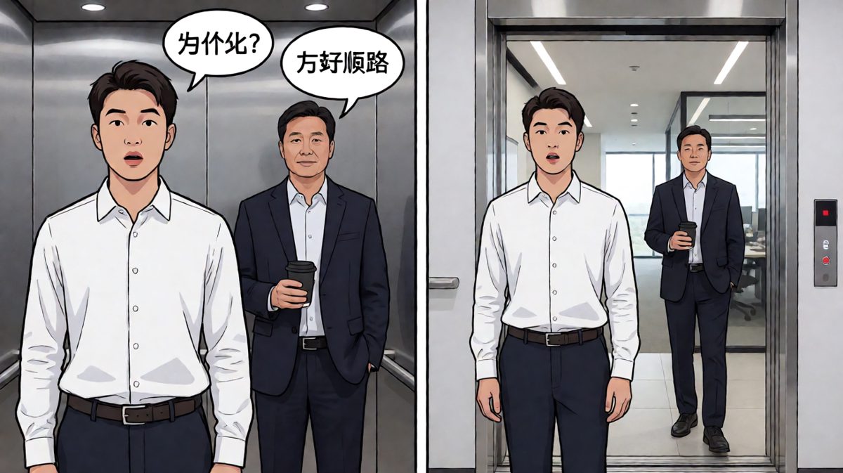 电梯门开了，老板端着咖啡走进来：'正好顺路'，小明彻底石化