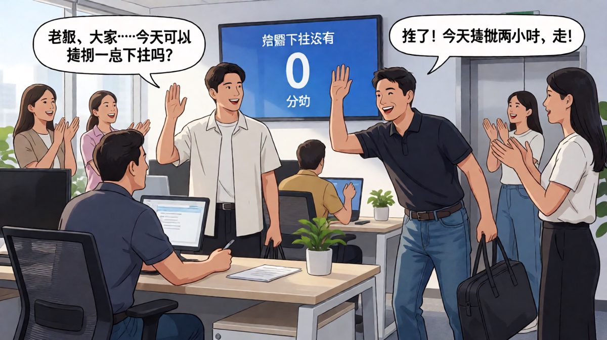 员工试探性问能不能早下班，老板直接大手一挥全公司早退，还附赠宵夜报销，打工人的梦想照进现实。