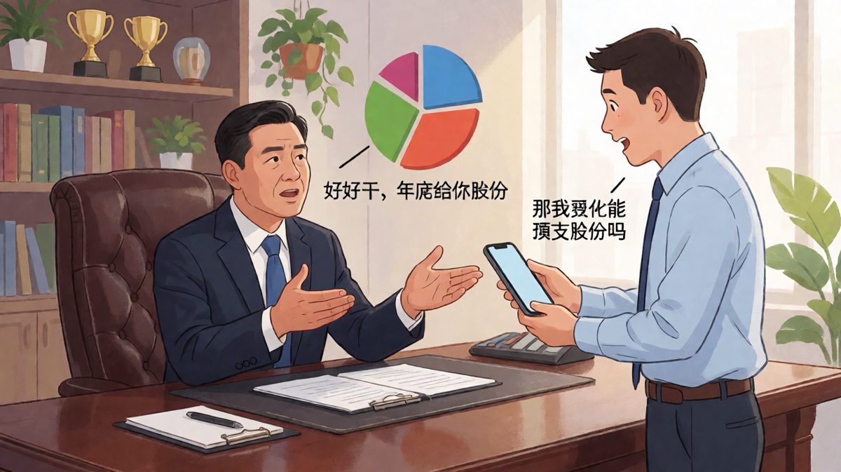 老板：年底给你股份！员工：好，那我先预支点股份的钱