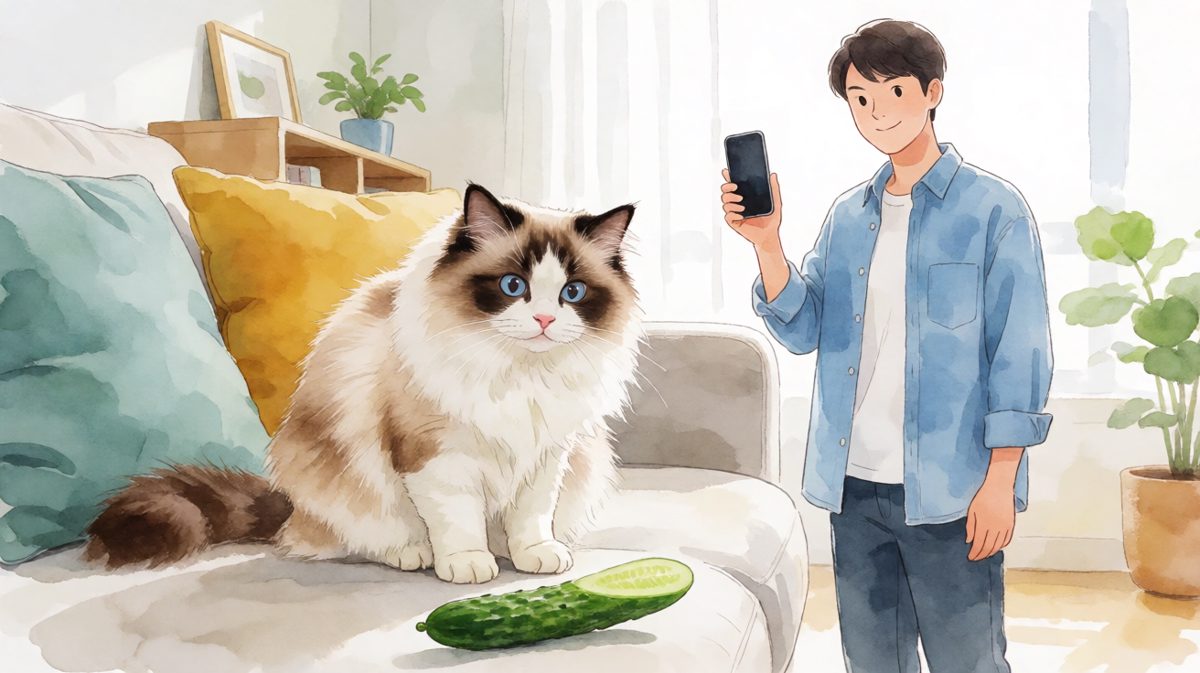 猫咪内心OS：这绿色长条生物是什么新型武器？！