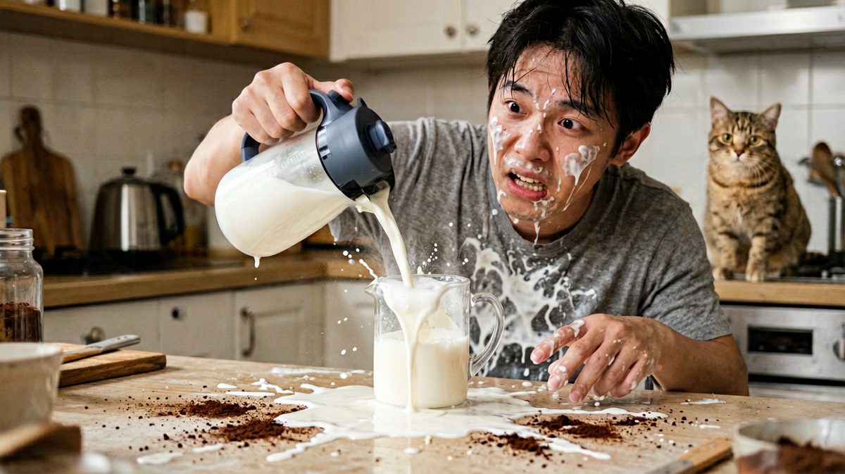 第2格：操作现场一度失控，牛奶四溅，猫都看傻了