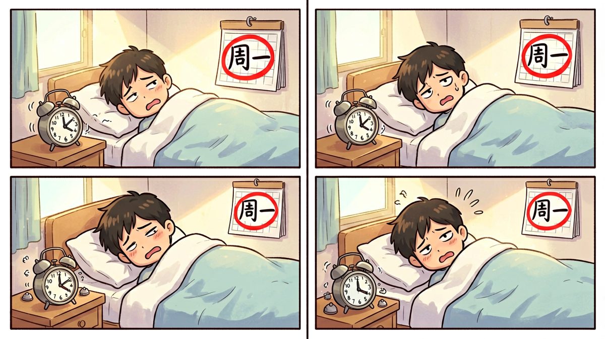 第一格：闹钟响起，周一到，灵魂出窍中