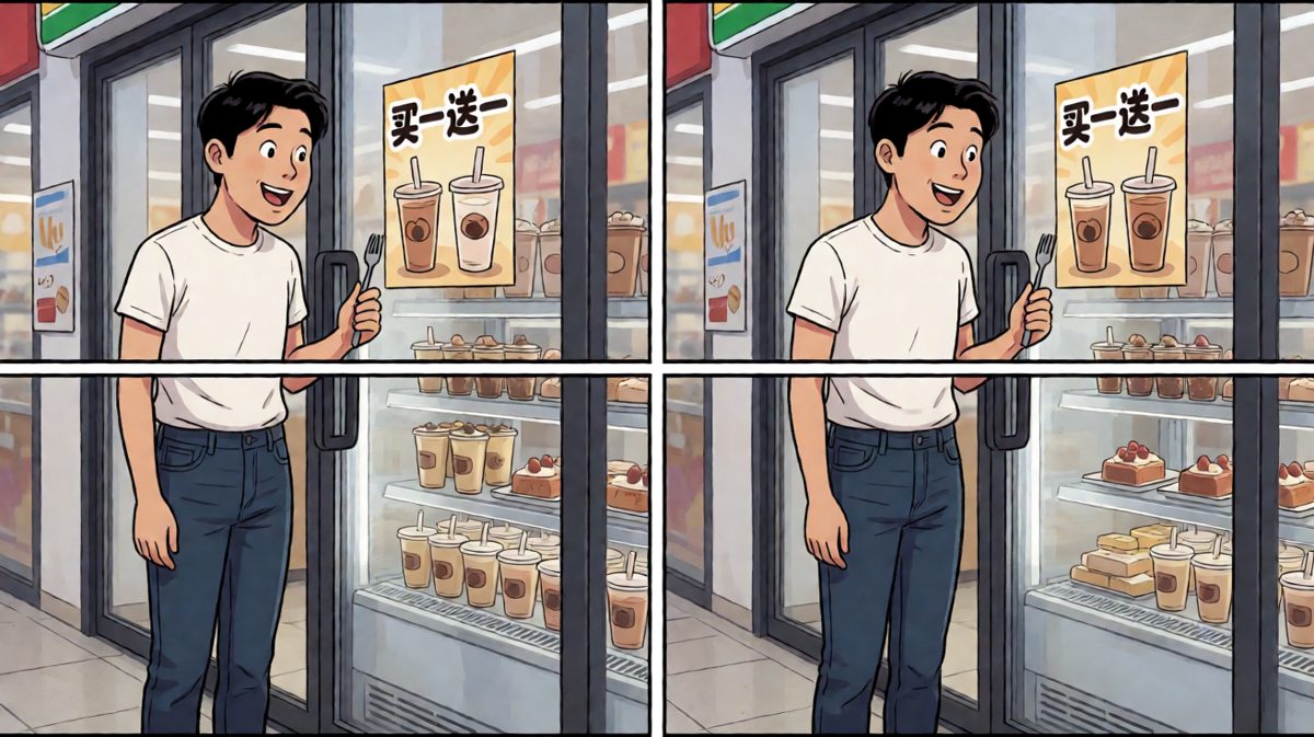 第二格：路过便利店被美食无情诱惑