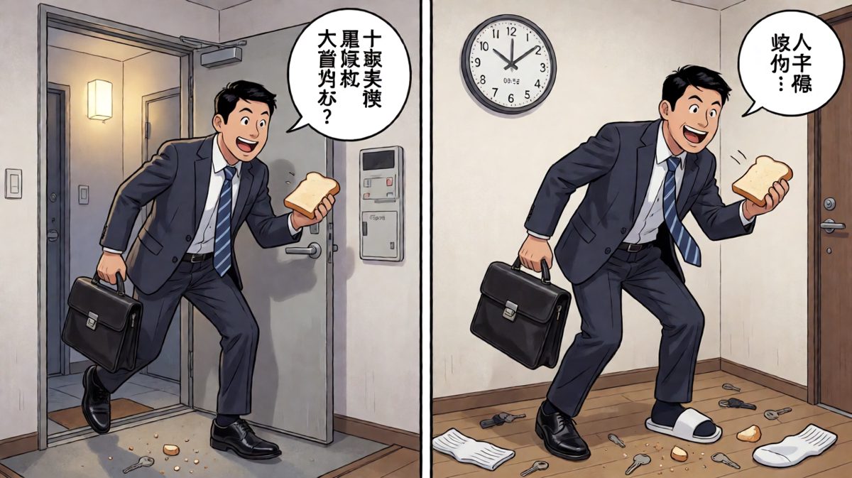格3：冲出家门，一只鞋一只拖鞋，领带歪到后脑勺，面包屑掉一地