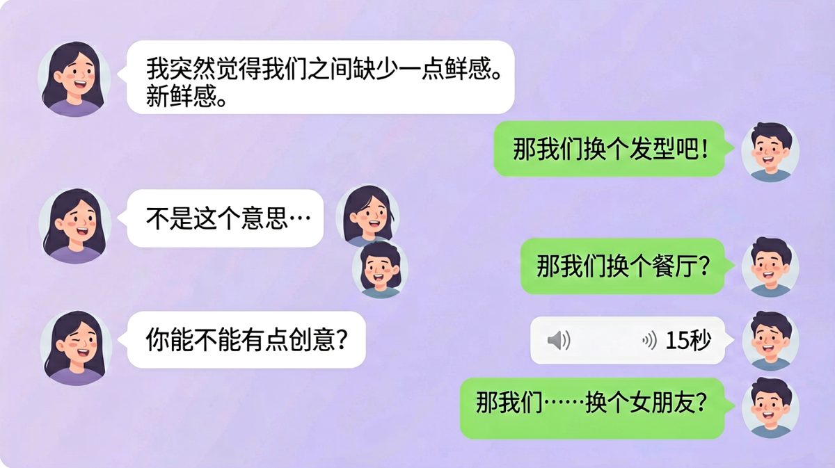 新鲜感危机，直男一句神回复让聊天直接崩盘