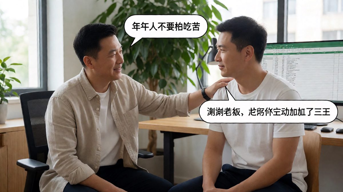 老板画饼说别怕苦，员工当真狂加班——反转黑色幽默。