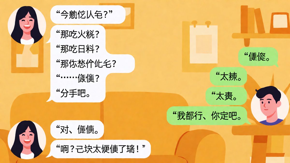 '随便'是情侣聊天中最危险的词汇，一个没反应过来就分手了。