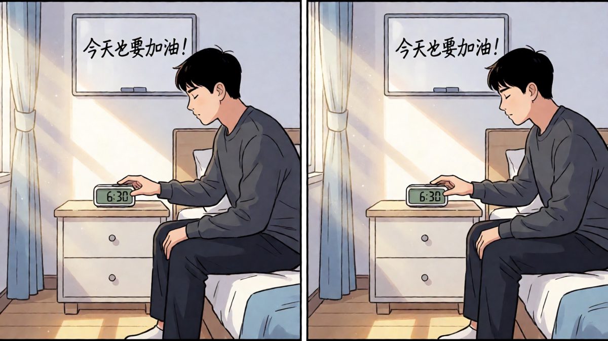 闹钟响起，主角艰难地从被窝中挣扎着按掉闹钟，不情愿地开始新的一天。
