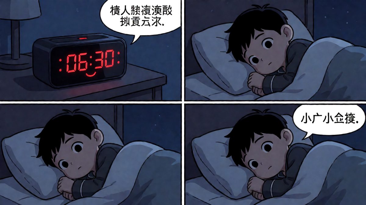 闹钟在深夜两点准时响起，小明一脸惊恐。