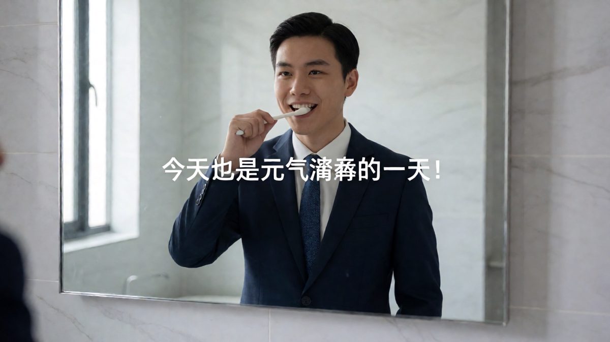 洗漱完毕的小明自信满满，觉得自己无所不能。