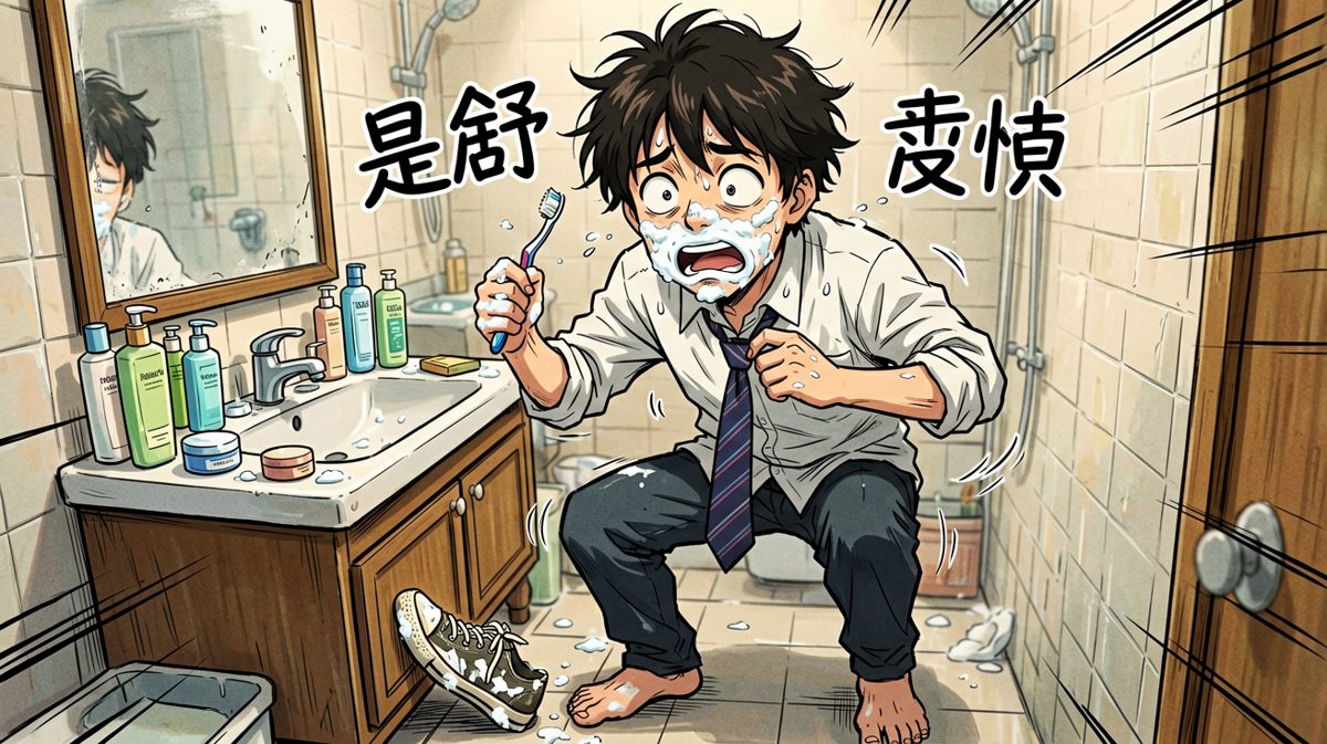 匆忙洗漱，连鞋子穿反了都没发现。