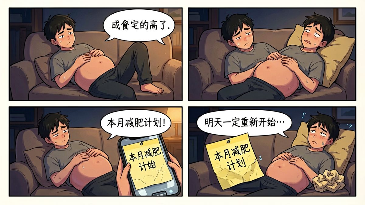 摸着肚子反思：明天一定重新开始