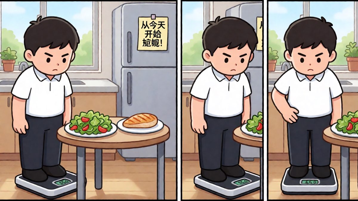 站在体重秤前，下定决心要减肥。