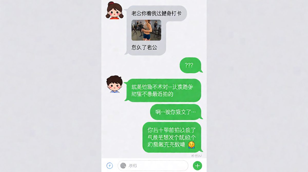 女生发了张旧健身照冒充新打卡，被老公一眼识破。