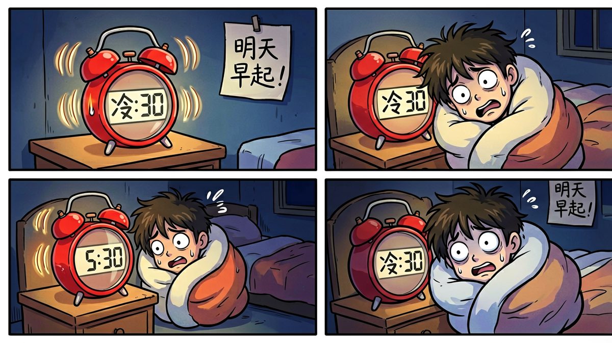 闹钟在凌晨五点准时发动进攻，我还在梦里挣扎。