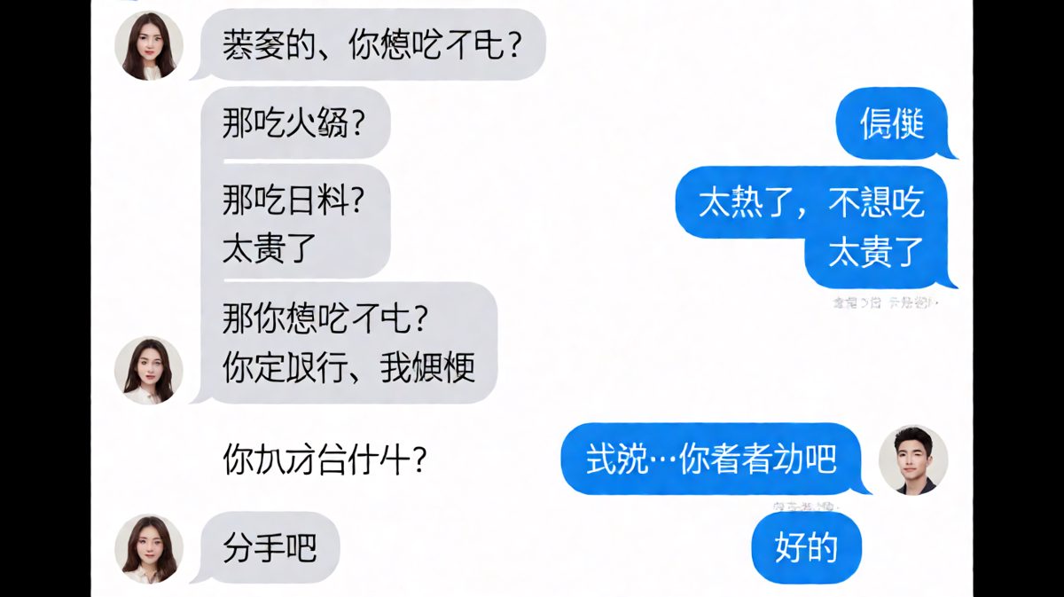 女生问吃什么，男生一连否决所有选项后，最终因为「你定就行」引发女友崩溃提分手