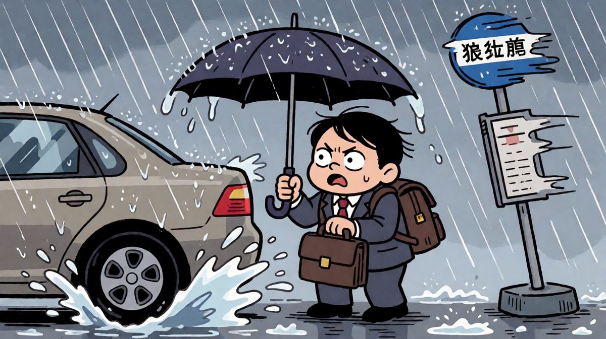 结果出门就被暴雨淋成落汤鸡，但为了上班只能硬撑。