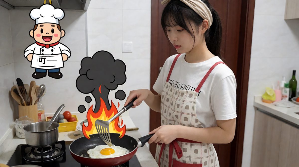 第2格：自信满满的煎蛋过程，但锅里的局势开始失控