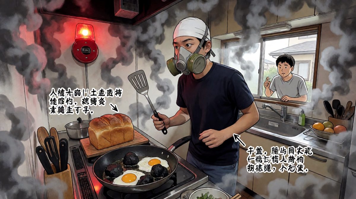 第3格：厨房变成灾难现场，主角戴着泳镜防毒面具狼狈不堪