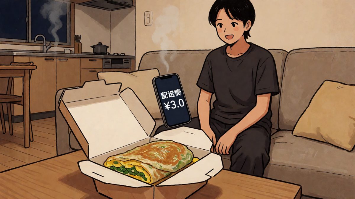 第4格：认命地点了外卖，在沙发上边吃煎饼果子边流下感动的泪水