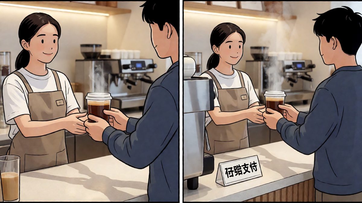 店员递上咖啡，青年满心欢喜准备享受美好一刻。