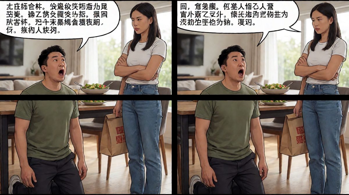 第4格：被抓现行，鸡从嘴里掉了出来。