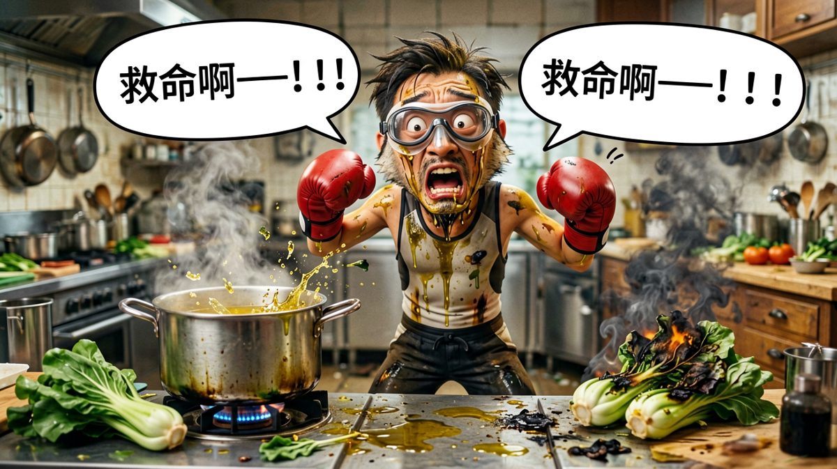 炒菜现场失控，油溅得到处都是