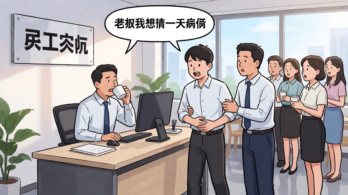 员工：'老板我肚子疼想请假。'老板：'赶紧去！顺便我给你点个外卖，多加个煎蛋！'