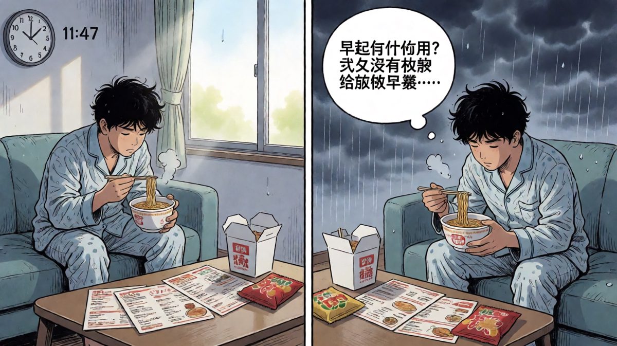 第4格：原来早起唯一的好处，就是饿得更早。