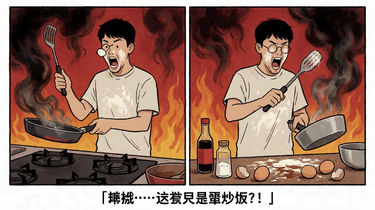 厨房灾难现场：蛋炒饭？怎么变成了煤球饭？！