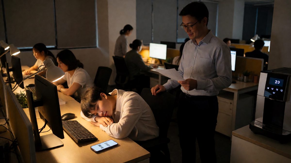 老板感动于员工加班到深夜，正要上前拍肩表扬