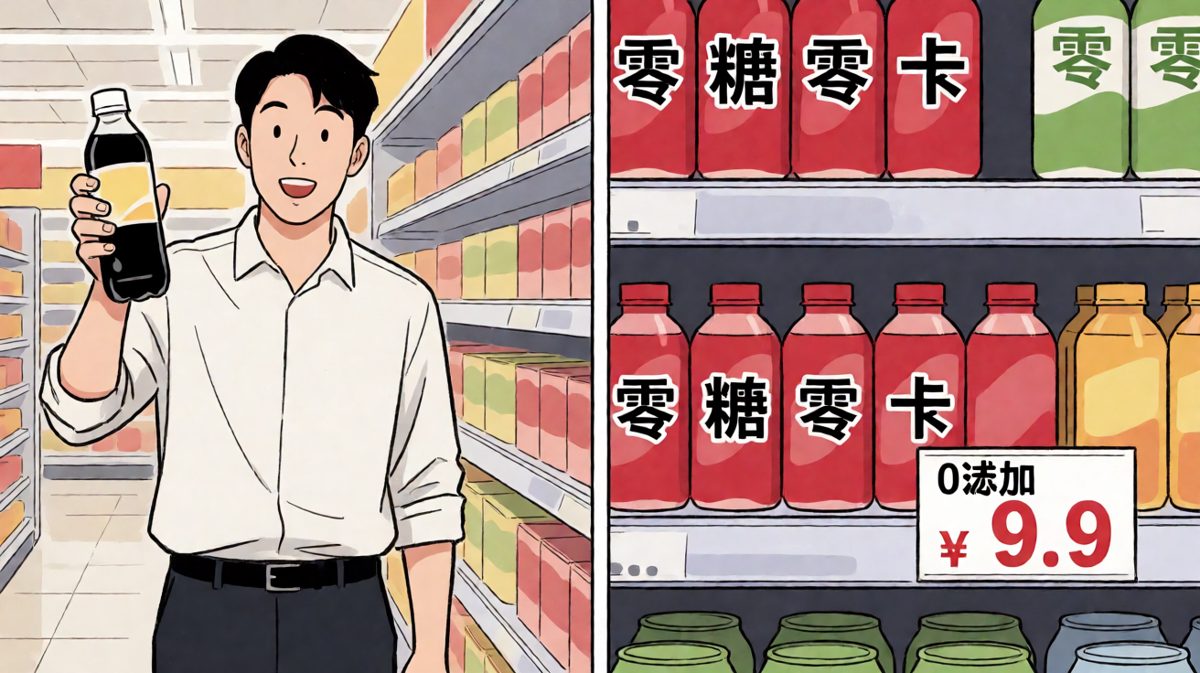 主角在超市发现'零糖零卡'的神秘饮品，激动购买。