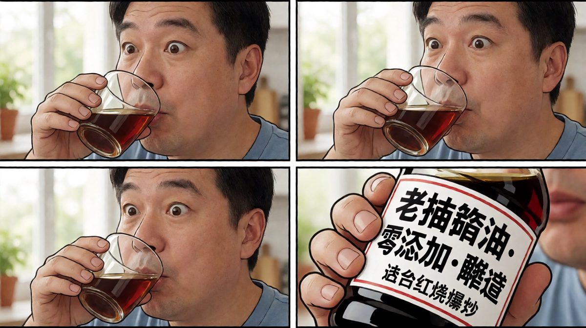 主角看清瓶身，发现是酱油而不是饮料，表情崩溃。