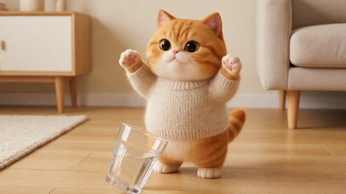 猫咪：杯子自己倒的，跟我有什么关系？
