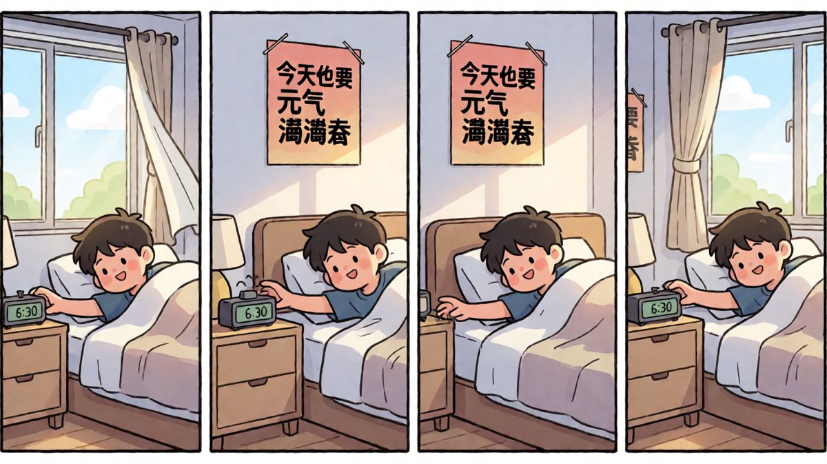 闹钟响了，第一反应是把闹钟按掉继续睡