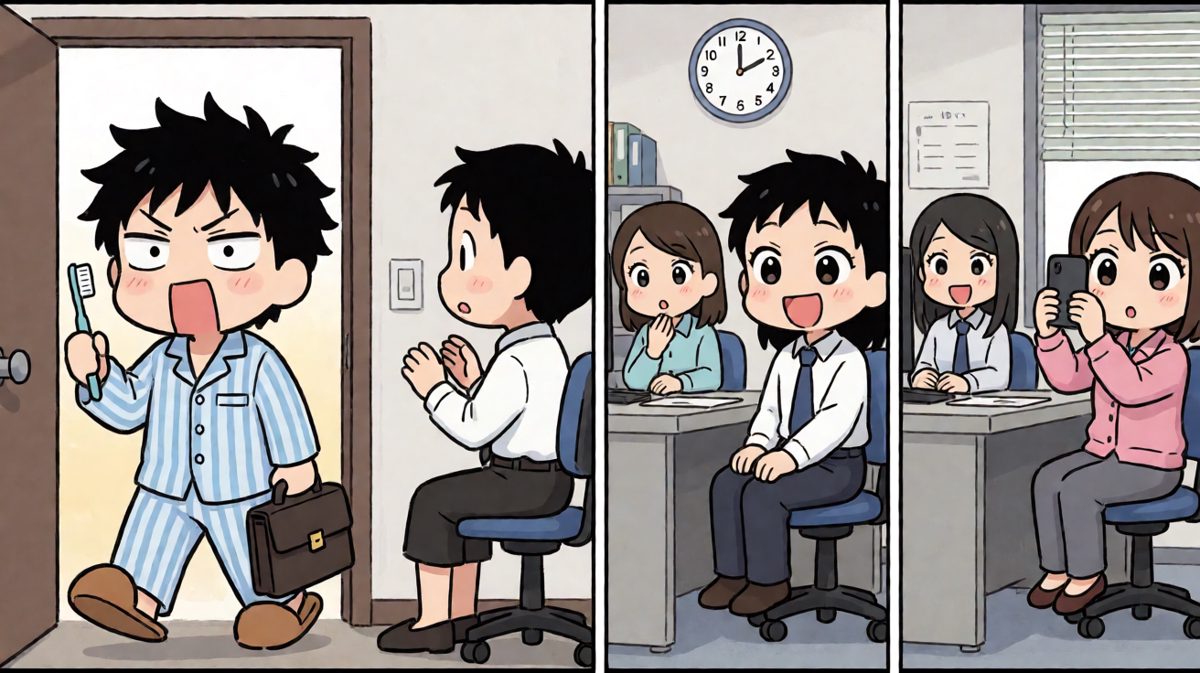 终于赶到公司，却忘了换衣服……