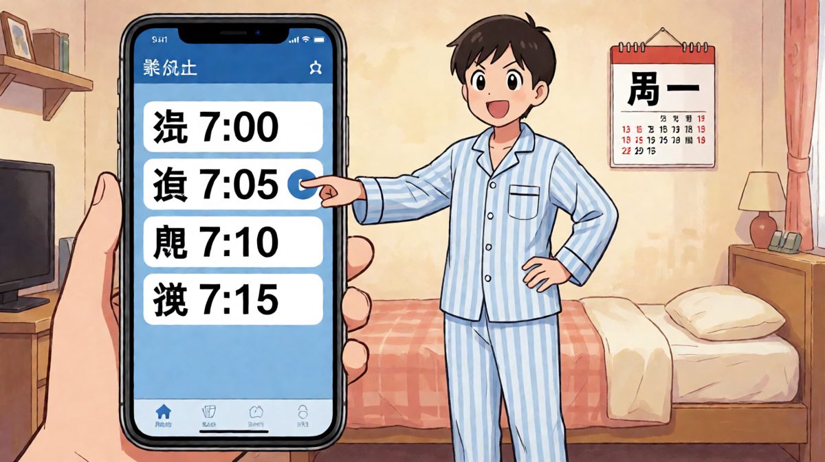 周一早上，他信心满满地设置了四个闹钟，誓要早起。