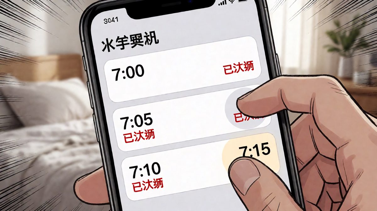 七个闹钟响了又关，关了又响，最终全部被无情按掉。