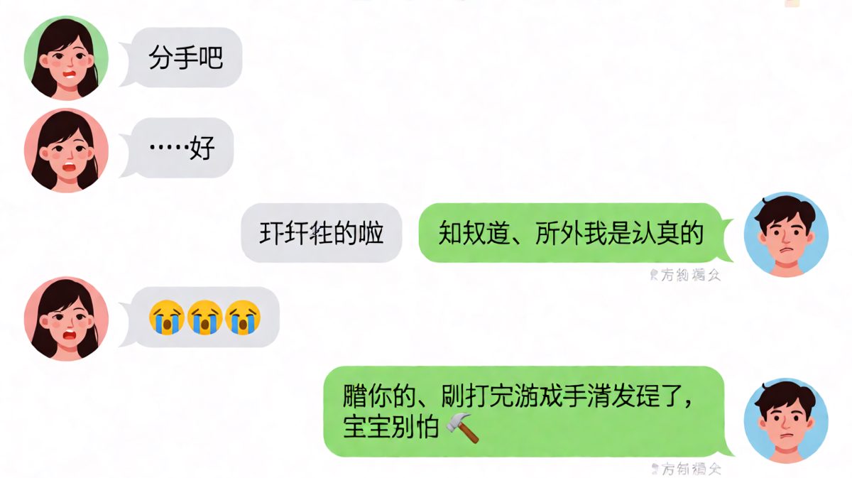 男生用分手开了个玩笑，结果被女生以牙还牙反杀。